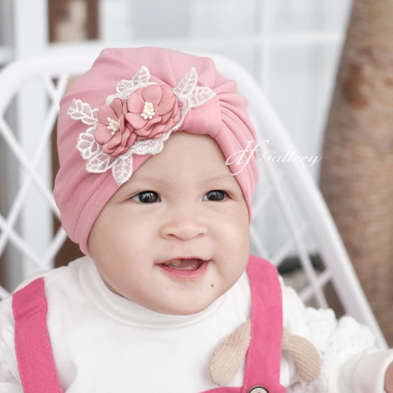 Turban Fatin Bunga Sorban Bayi Anak Motif Polos | Ciput Baby NewBorn |  Topi Anak Perempuan | Turban