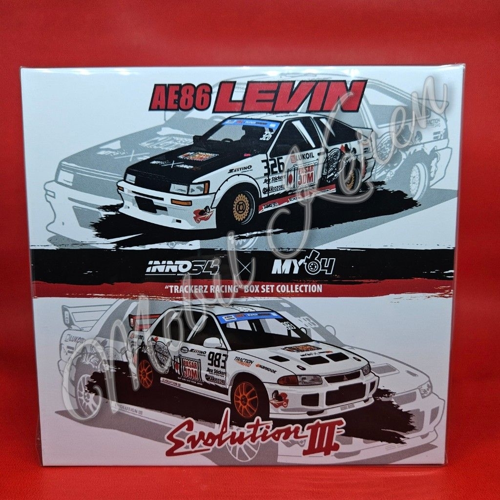 Diecast Inno 64 Collab with My64 Trackerz Racing Box set Collection Toyota Corolla AE86 Levin & Mits