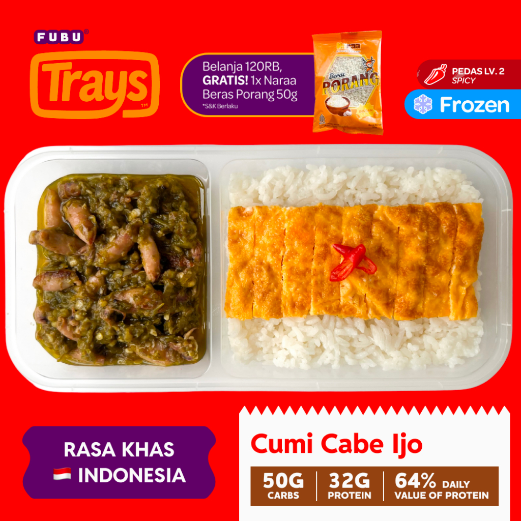 

FUBU TRAYS Cumi Cabe Ijo with Telur Iris and Jasmine Rice - Baby Cumi Asin Pedas Sambal Cabai Hijau dengan Nasi dan Telur - Satu Porsi Lauk Instan Siap Makan Frozen Microwave Ready Meal