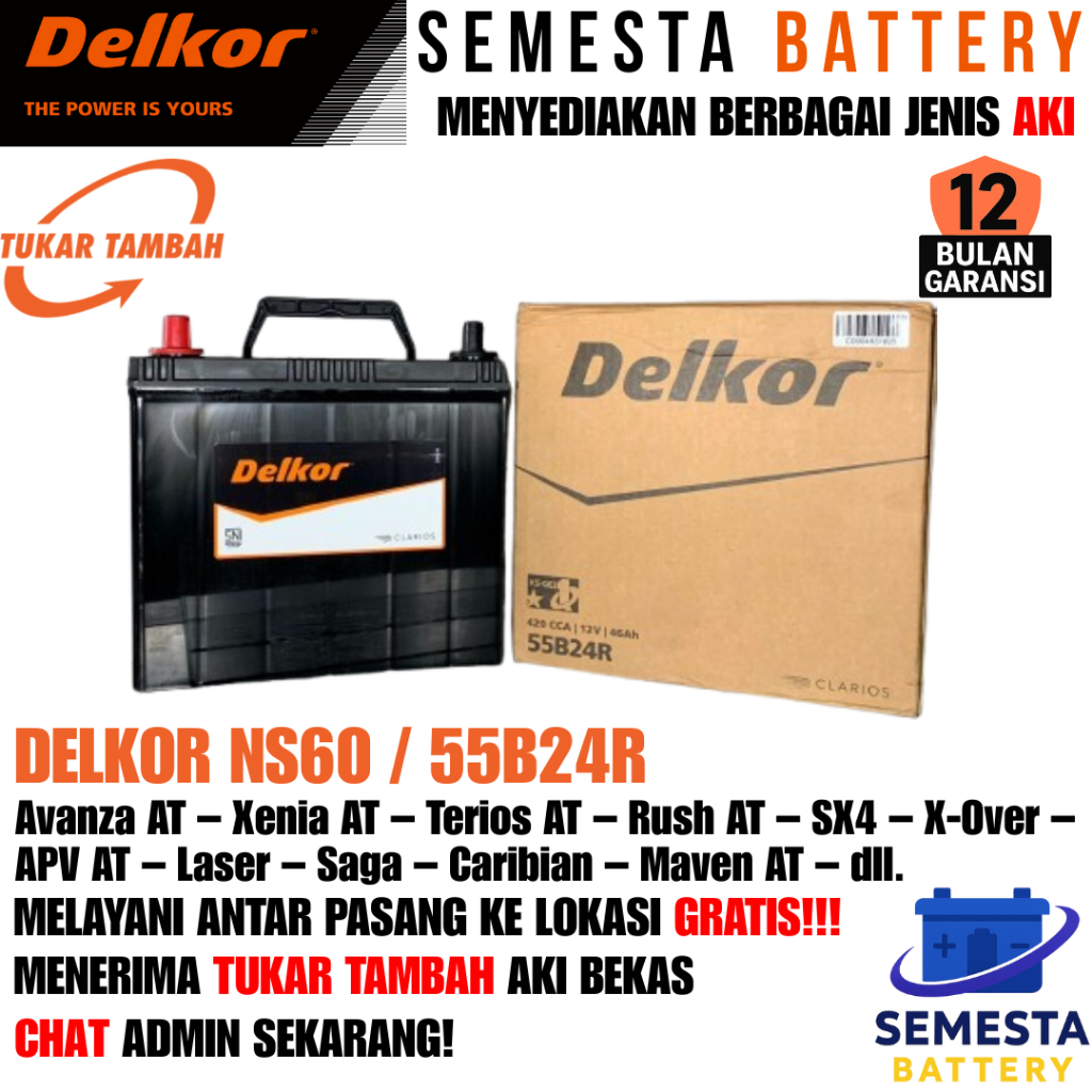 Aki Mobil Delkor NS60 / 55B24R – Aki Kering, Garansi 12 Bulan – Cocok untuk Avanza AT, Xenia AT, Ter