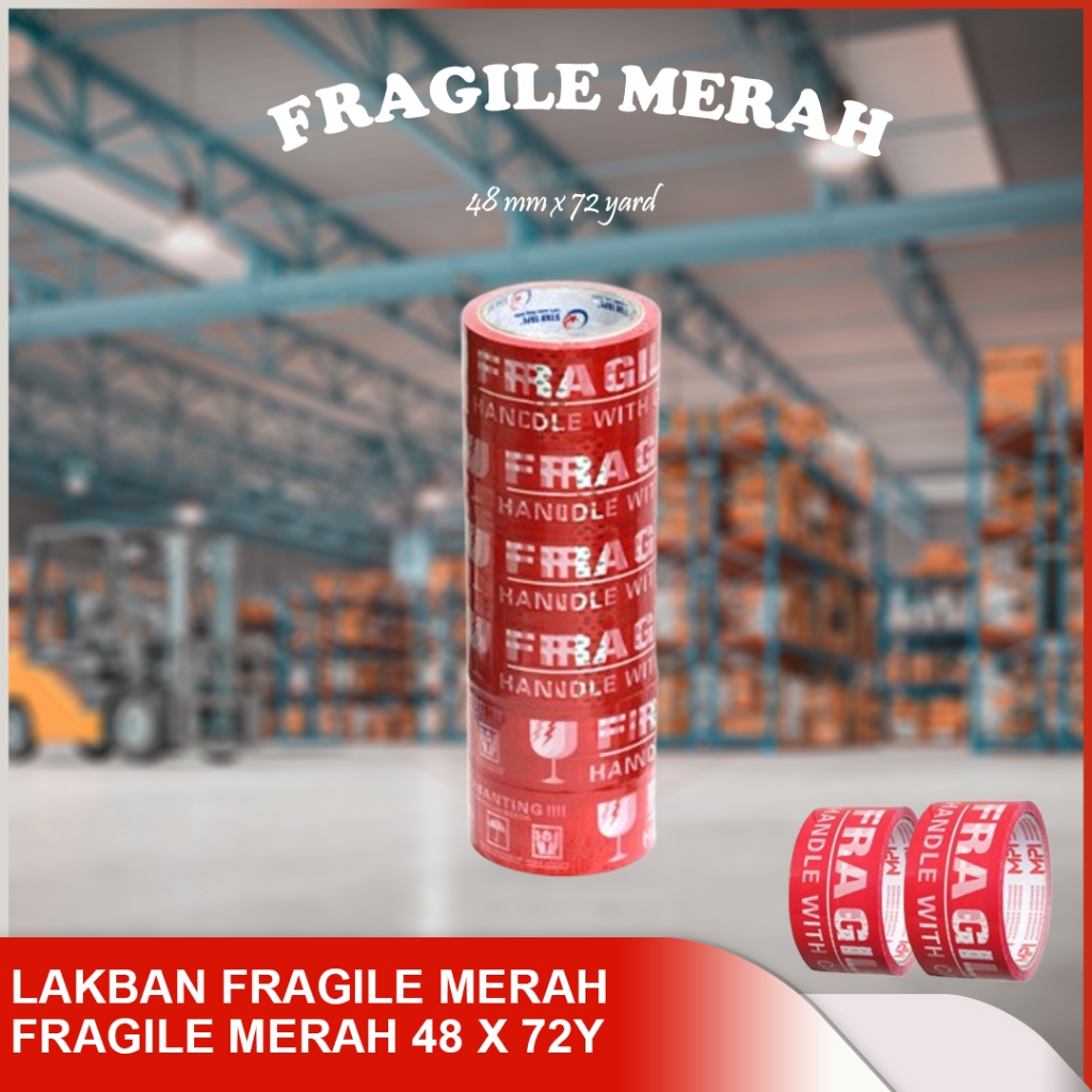 

Lakban Fragile Merah/ Putih | Plakban Fragile | Isolasi Tape / Lakban Fragile 48x72y fragile merah 48mm x 72 yard
