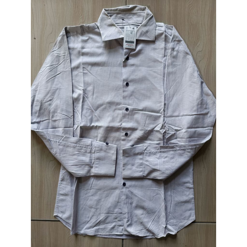 Kemeja Merek St Dupont Motif Tartan Kotak Kotak Kecil Warna Putih Merah Muda Bahan Katun Size M Leng