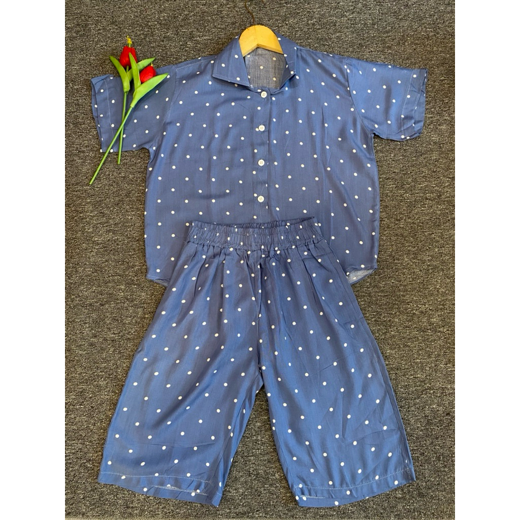 One Set Wanita Pendek Motif Polkadot Bahan Rayon Adem Premium