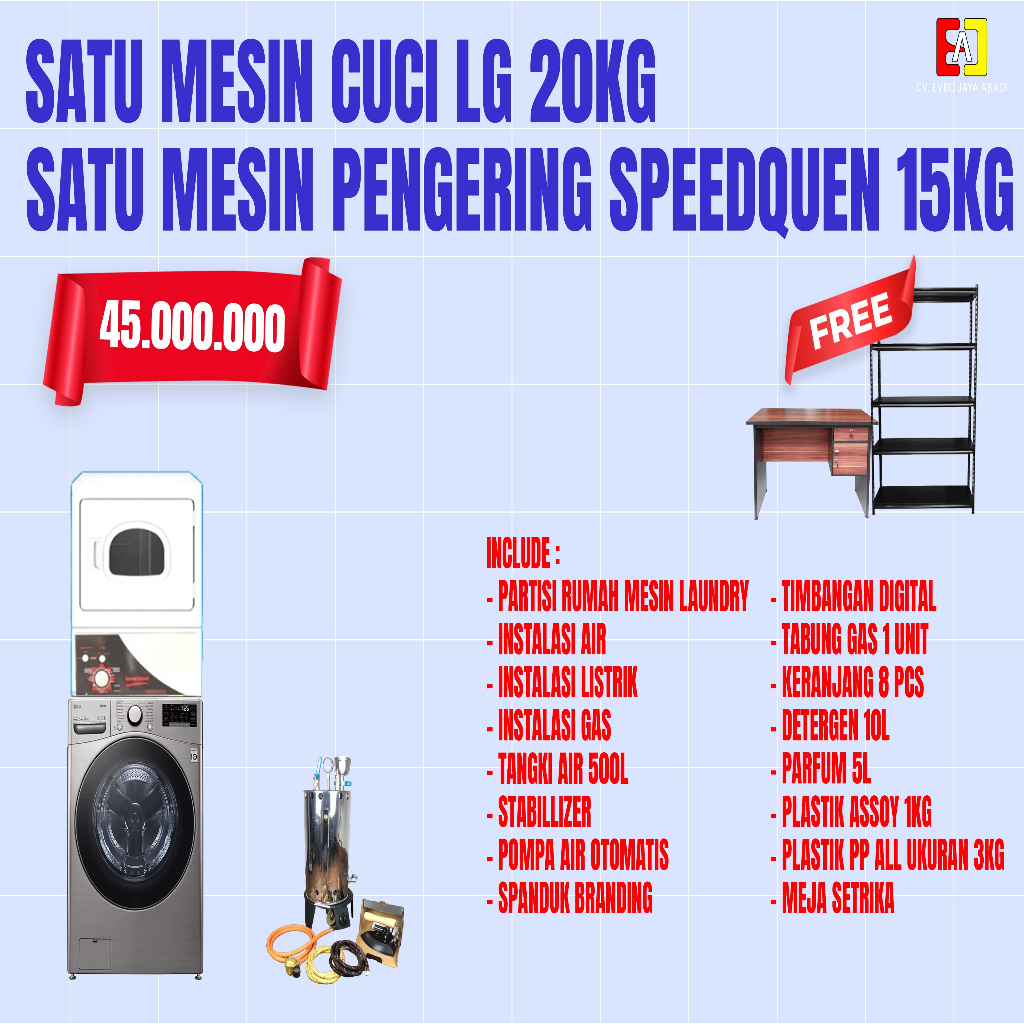 Paket Usaha Laundry 1 Unit Mesin Cuci LG 20 KG & 1 Unit Dryer SpeedQueen 15 KG dan Boiler 10 Liter