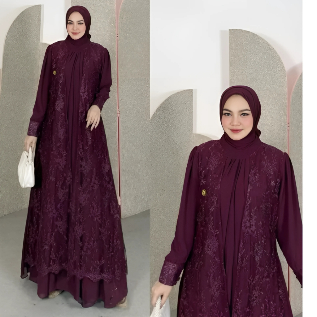 Baju Kondangan Wanita Terbaru Gamis Burgundy Ceruti Mix Brukat Mewah Elegan Maxi Dress Trend Modern