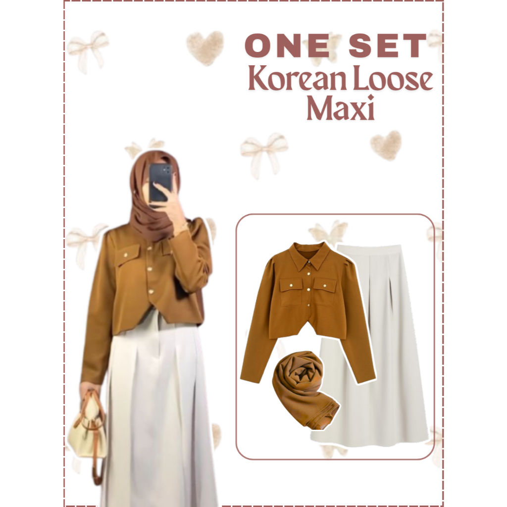 Oneset Korean Loose Maxi (Blazer + Rok + Hijab) Kualitas Premium Terbaru