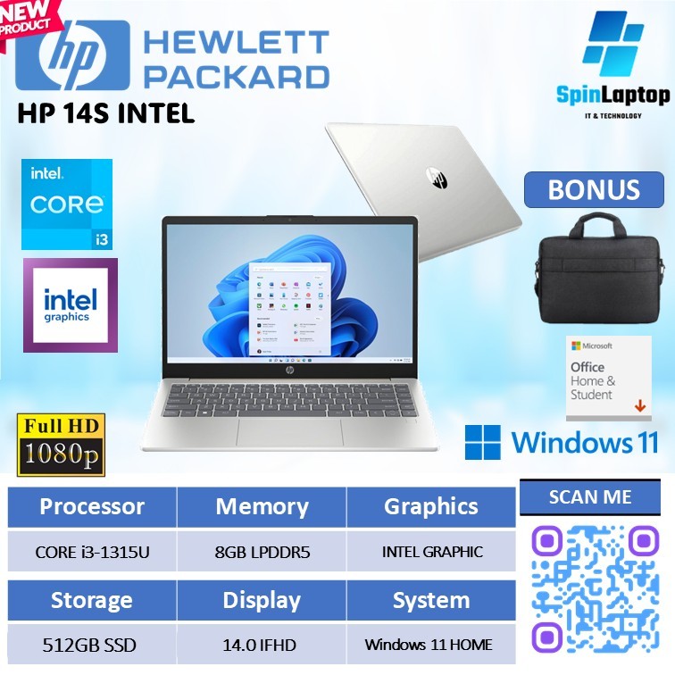 Laptop HP 14 | Intel Core i3 1315U RAM 8GB SSD 512GB Windows 11 +office Copilot Resmi