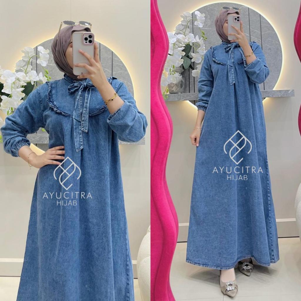 Ayucitra gamis jeans faniza maxi dress denim busui lengan panjang pakaian wanita kekinian