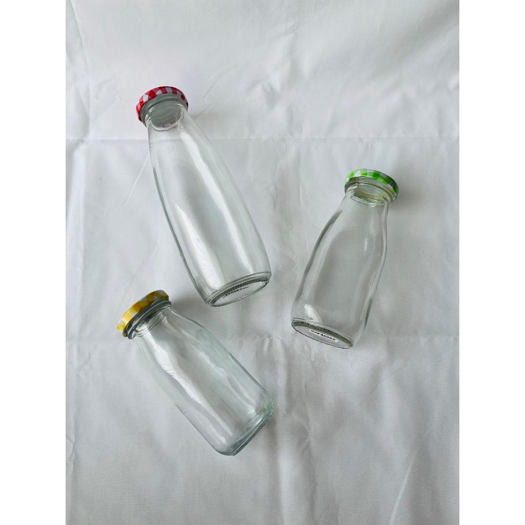 Botol Kaca 250ml / 300ml / 500ml – Tutup Warna-warni Motif Kotak, Estetik & Multifungsi