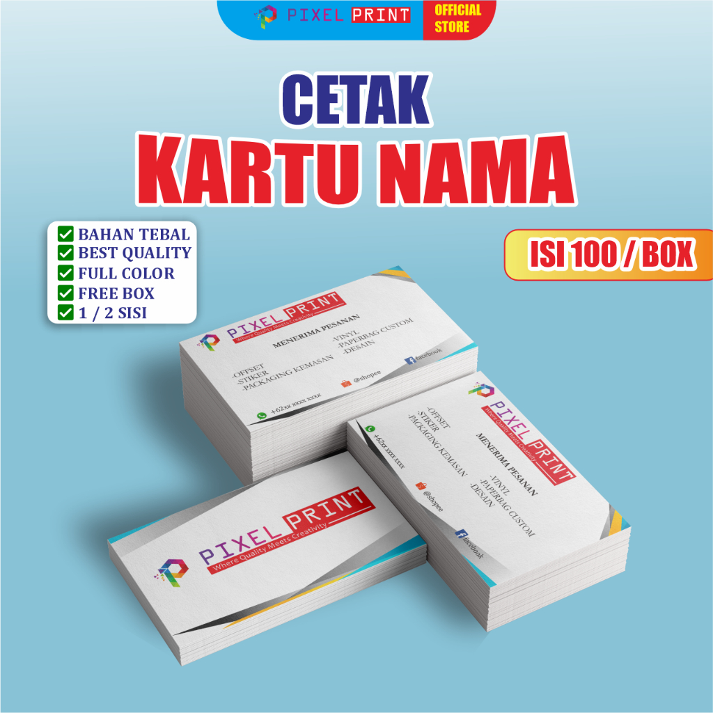 

PIXEL PRINT - Kartu nama custom isi 100pcs / Laminasi glossi -Doff / Id card bussines / Art karton
