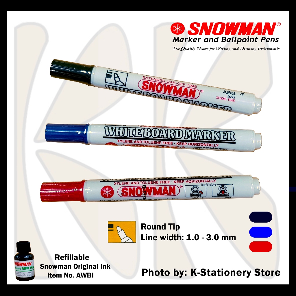 

{1 PCS) Spidol Papan Tulis Non Permanent / Spidol Whiteboard Snowman BG-12 Warna Hitam Merah dan Biru