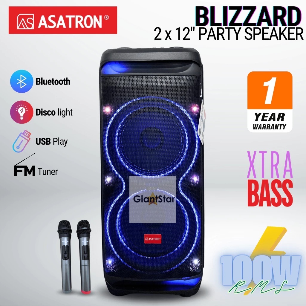 SPEAKER PORTABLE ASATRON BLIZZARD Dual 12Inch Bluetooth USB Party Speaker with 2 Wireless Mic 2X12in