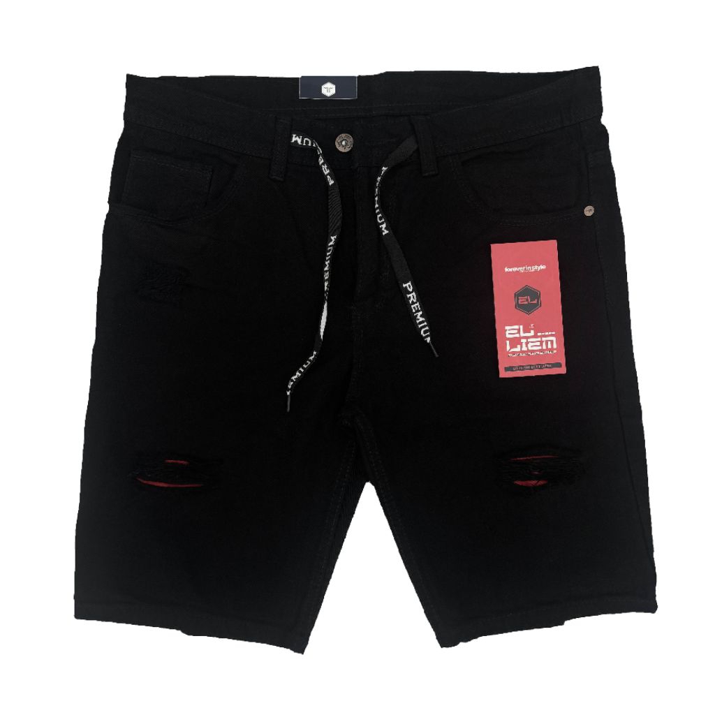 Celana jeans pendek sobek pria Hitam jeans pendek ripped sobek