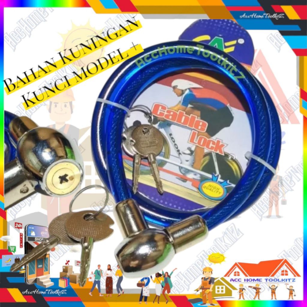 Gembok Kunci Sepeda dan Motor / Anak Kunci Model + / Gembok Kawat Kepala Besi Kuningan Tebal Panjang