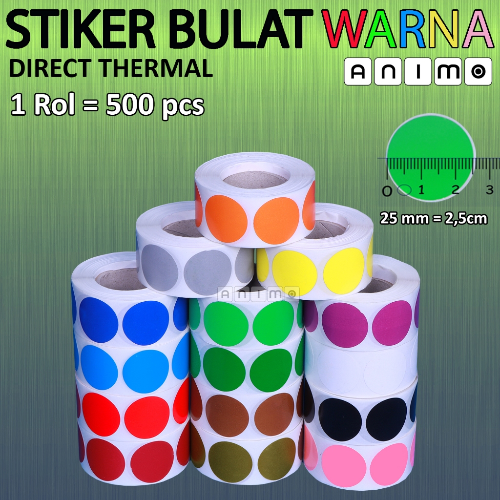 

STIKER BULAT THERMAL 25 MM - Stiker Bulat Warna Direct Thermal - COLOR DOT STICKER DIRECT THERMAL - 25 MM = 2,5 cm isi 500 pcs