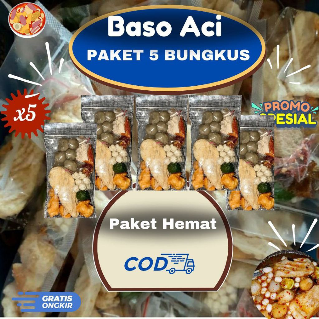 

Baso Aci, Basi,Baci, Bakso Aci 5 Bungkus/Pcs, Termurah, Baci khas bandung, Paket Termurah