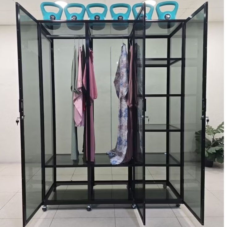 TC ALUMINIUM 150X55X195 b 150X55X210 LEMARI RAK BAJU ALUMINIUM HOLLOW 20U COKLAT TUA FULL KACA RIBEN