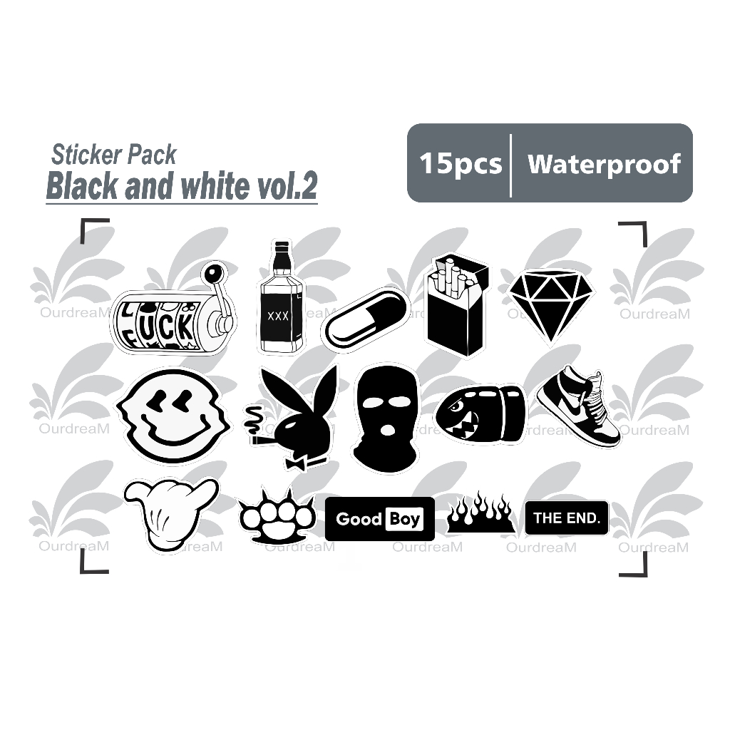 

black and white series 2 - isi 15 pcs sticker pack tumbler helm waterproof medium size
