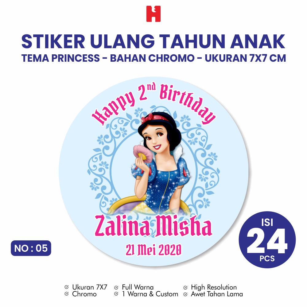 

Stiker Ulang Tahun Anak Tema Princess Ukuran 7x7 CM Bulat - Isi 24 Pcs