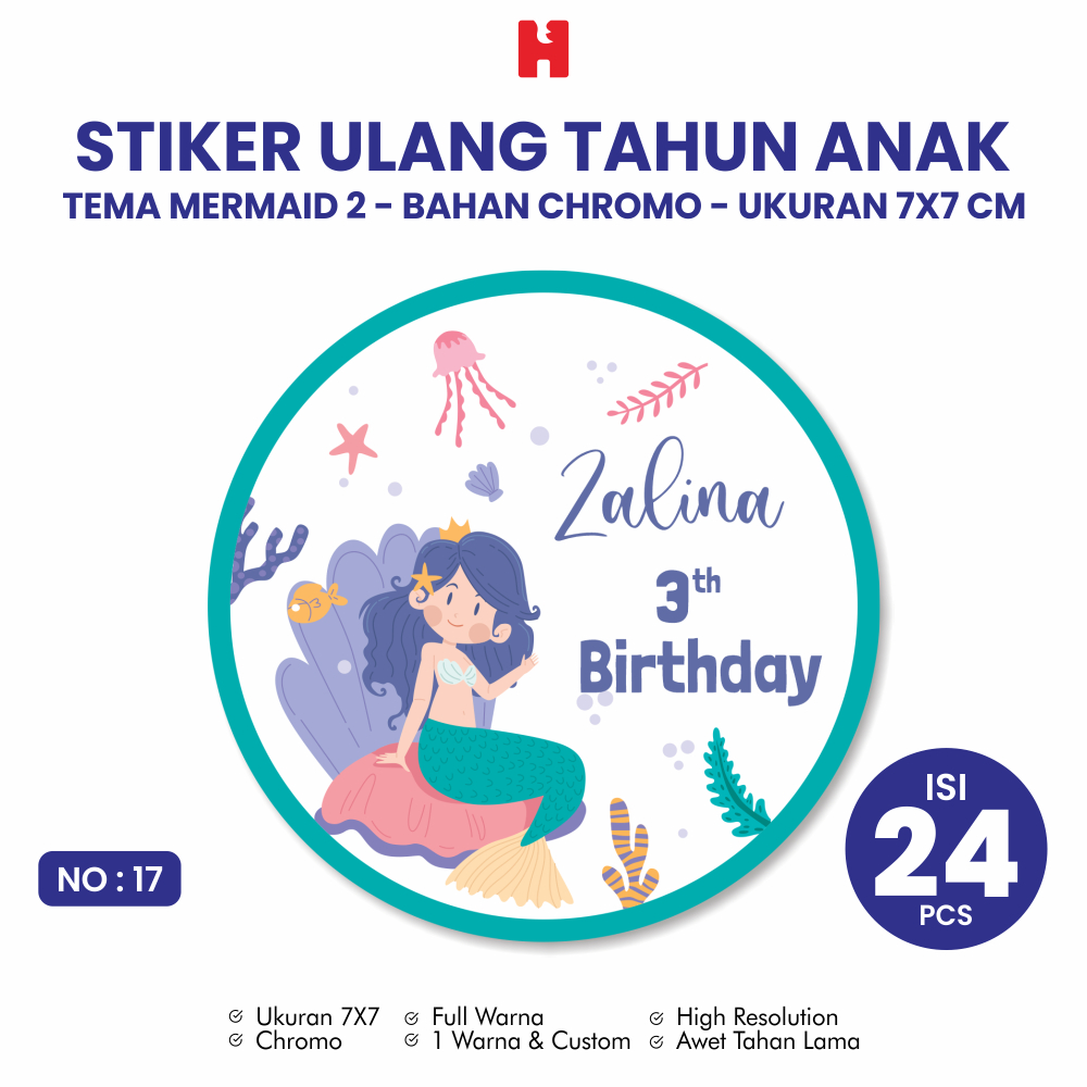 

Stiker Ulang Tahun Anak Tema Mermaid 2 Ukuran 7x7 CM Bulat - Isi 24 Pcs
