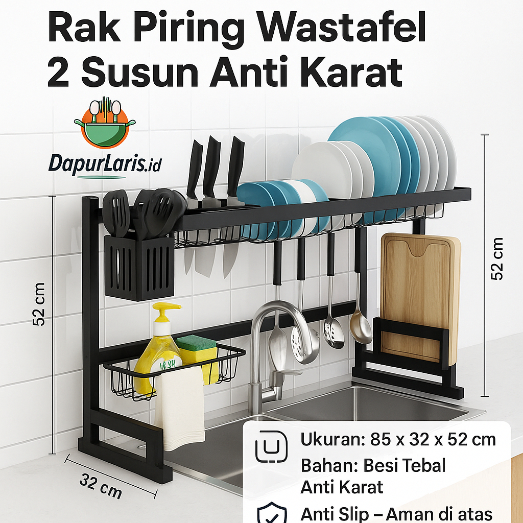 Rak Piring Wastafel 2 Susun Hitam 85 cm Anti Karat Kokoh Kuat Serbaguna / Rak Piring Wastafel rak da