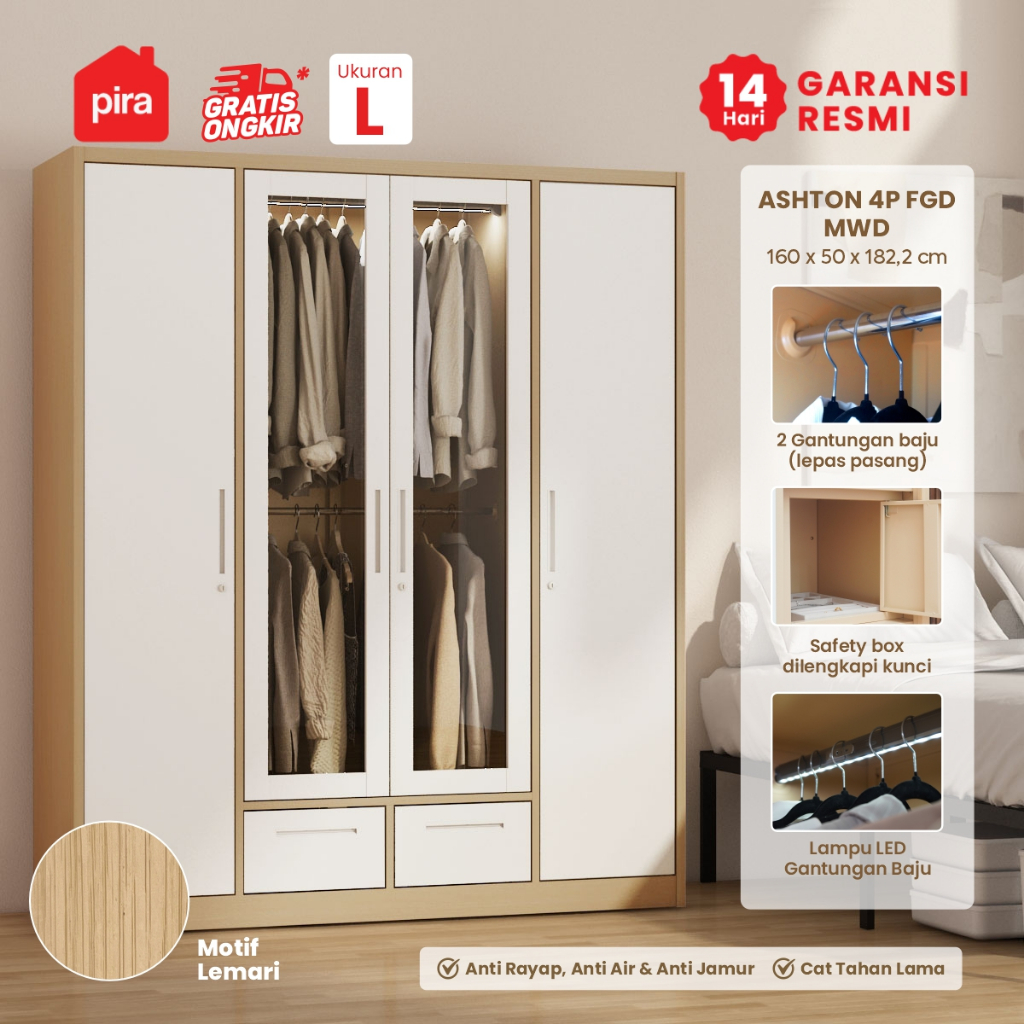PIRA - ASHTON 4P FGD MWD Lemari Pakaian Besi 4 Pintu dengan Laci dan LED