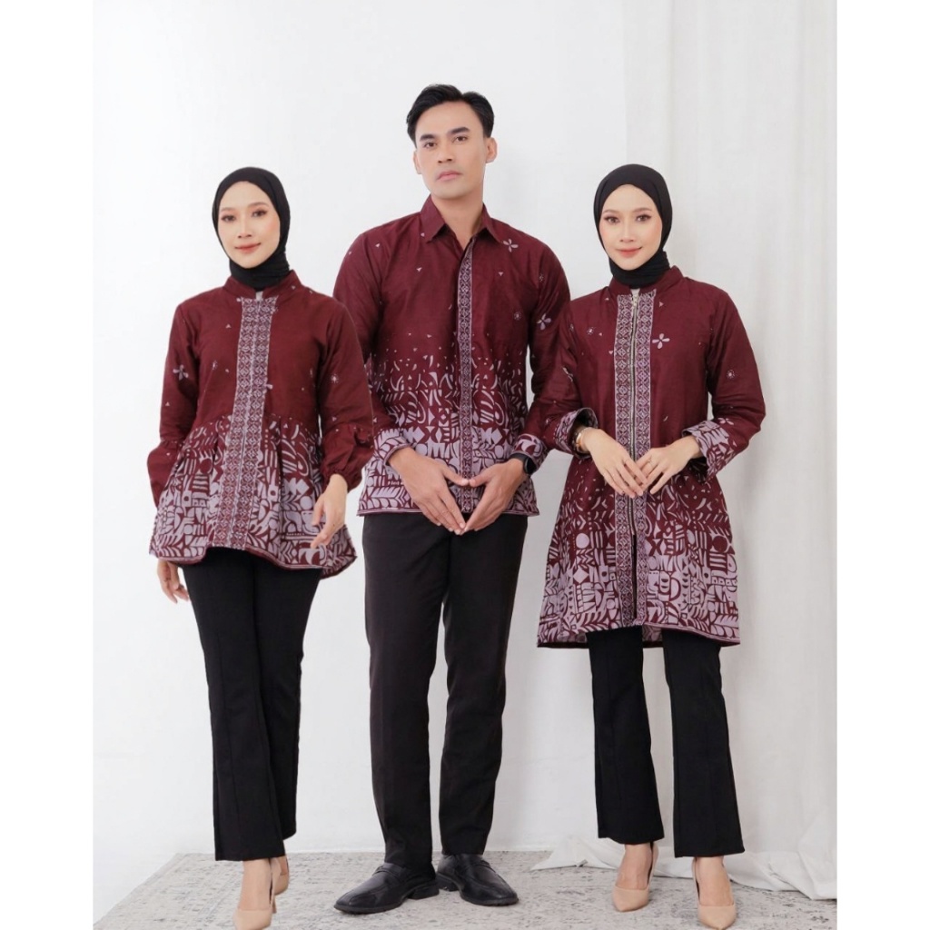 Faaro Set Pakaian Batik Couple Motif Terbaru Kemeja Tunik Burgundy Batik Seragam Premium BKIL