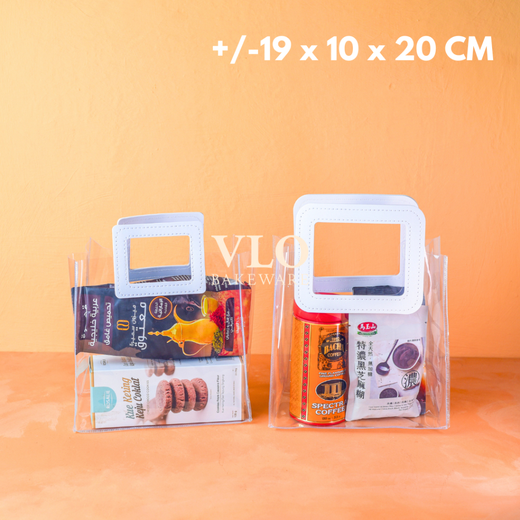 

[1 SET ISI 10 PCS] Tas pvc handle putih transparan tebal premium 19 cm | tas goodie bag tas hampers ulang tahun lebaran imlek natal