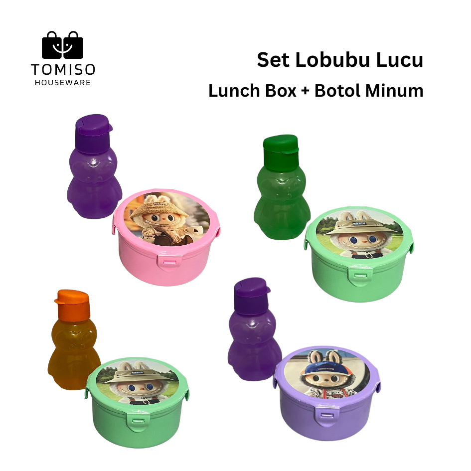 LOBUBU LUCU SET Botol Minum + Lunch Box | Tempat Bekal Kotak Makan Botol Souvenir Ultah
