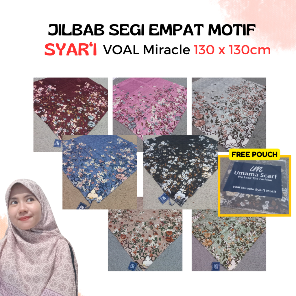 jilbab segi empat motif syari umama 130 x 130cm / Kerudung Motif Jumbo / Hijab Motif Segi Empat Syar