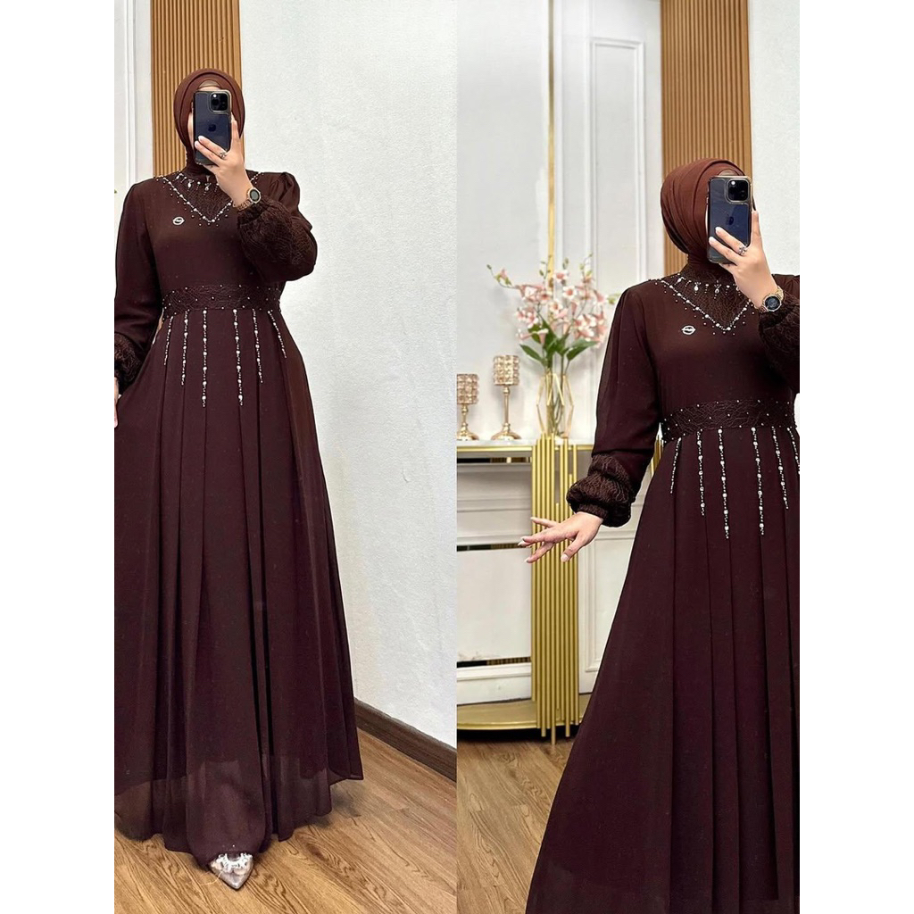 Laudya Dress Gamis Pesta Kekinian Cerutty Mix Brukat Payet Mewah Burgundy Seragaman Kondangan Dress 