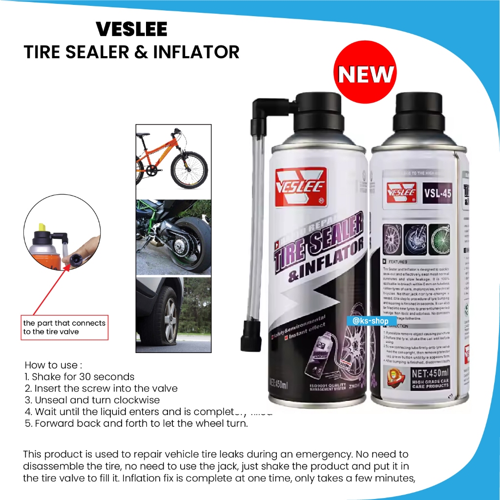 Veslee Cairan Tambal Ban Tubeless 450ml | VESLEE / ARCHELE Tire Sealer & Inflator 450ml | Repair Tir