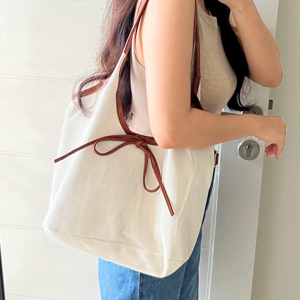 Tas Totebag Pita Coklat Shoulder Bag Kuliah Bahan Tweed