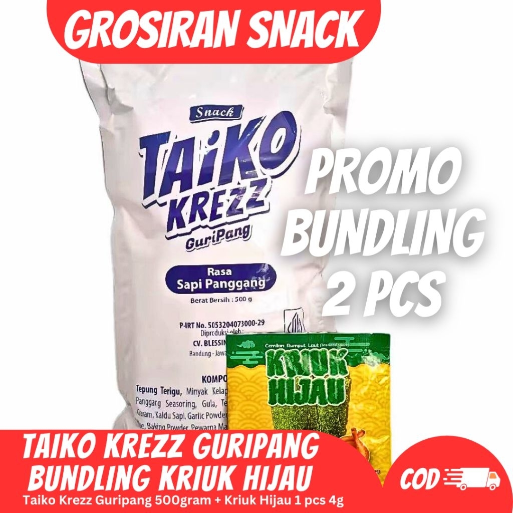 

PROMO BUNDLING 2 PRODUK Taiko Krezz Guripang 500 gram + Kriuk Hijau / Taiko Krezz Guripang Sapi Panggang Sweet Spicy / Kriuk Hijau Pedas Ayam Bakar Sapi Panggang @54gram