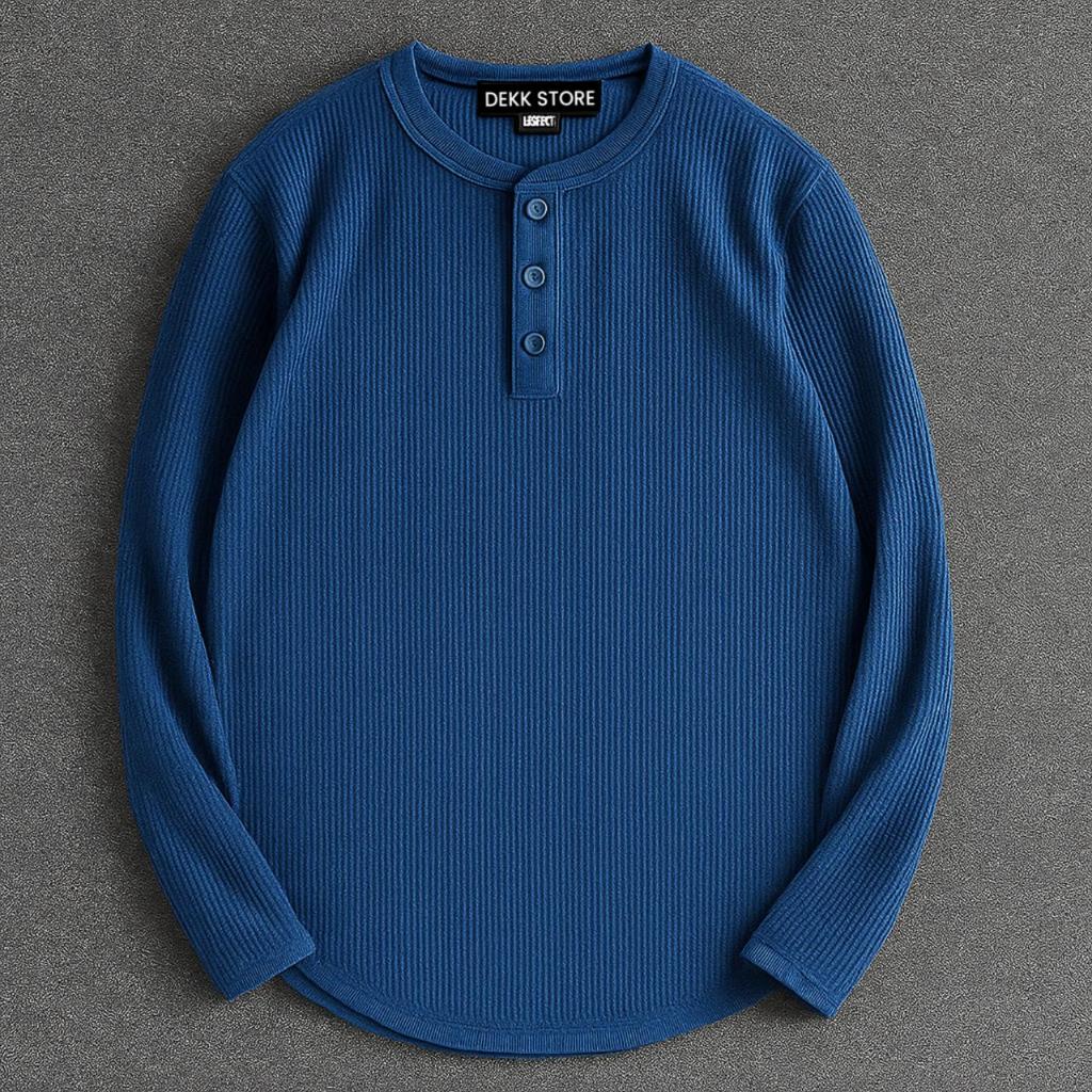 KAOS KANCING HENLEY WAFFLE KNIT LENGAN PANJANG/KAOS KANCING KNIT PRIA POLOS