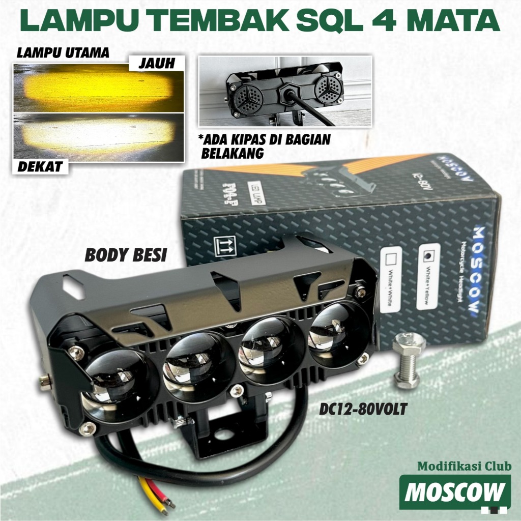 Lampu Kabut Laser SQL 4 Mata PLUS KIPAS Rangka FULL BESI 50watt 12-80 volt ACDC F04-F LAMPU SOROT PU