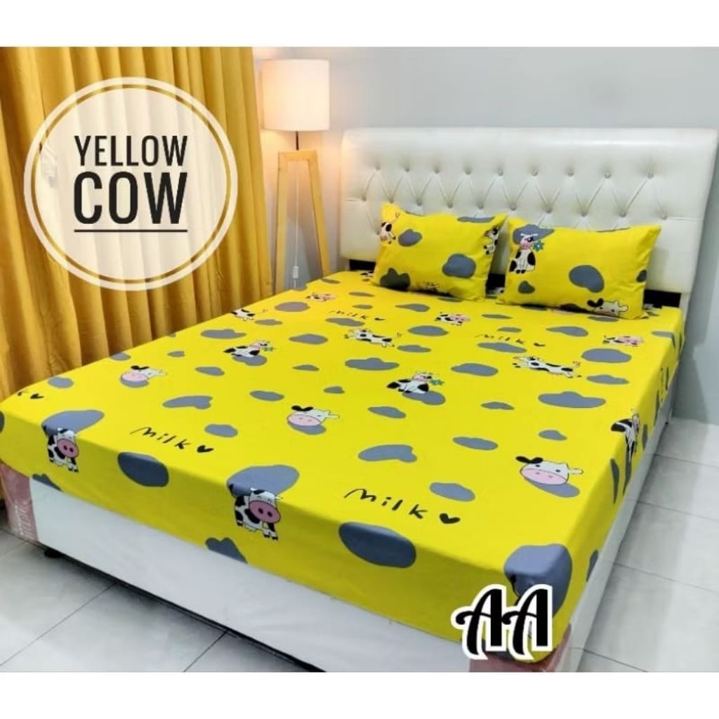 SPREI KARET KATUN PREMIUM 90/100/120/140/160/180/200 Motif Sapi cow yellow kuning