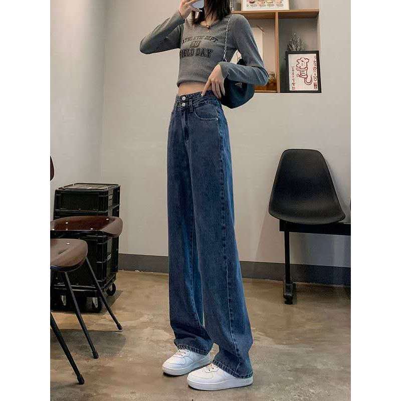 Celana Jeans Wanita High Waist Model Straight Fit dengan Desain Dua Kancing – Tersedia Berbagai Warn