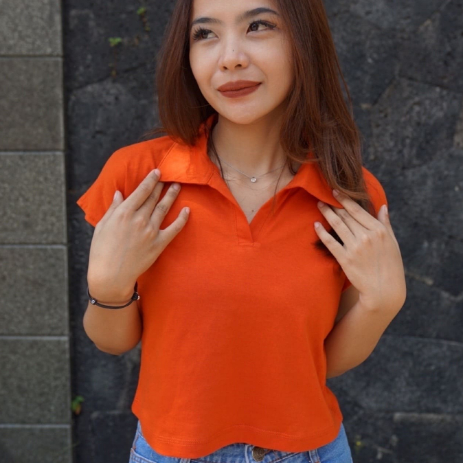 KAOS | BAJU | BAJU KAOS | CROP TOP | BAJU CROP TOP WANITA | CROP TOP KERAH POLO WARNA ORANGE | LUXEL