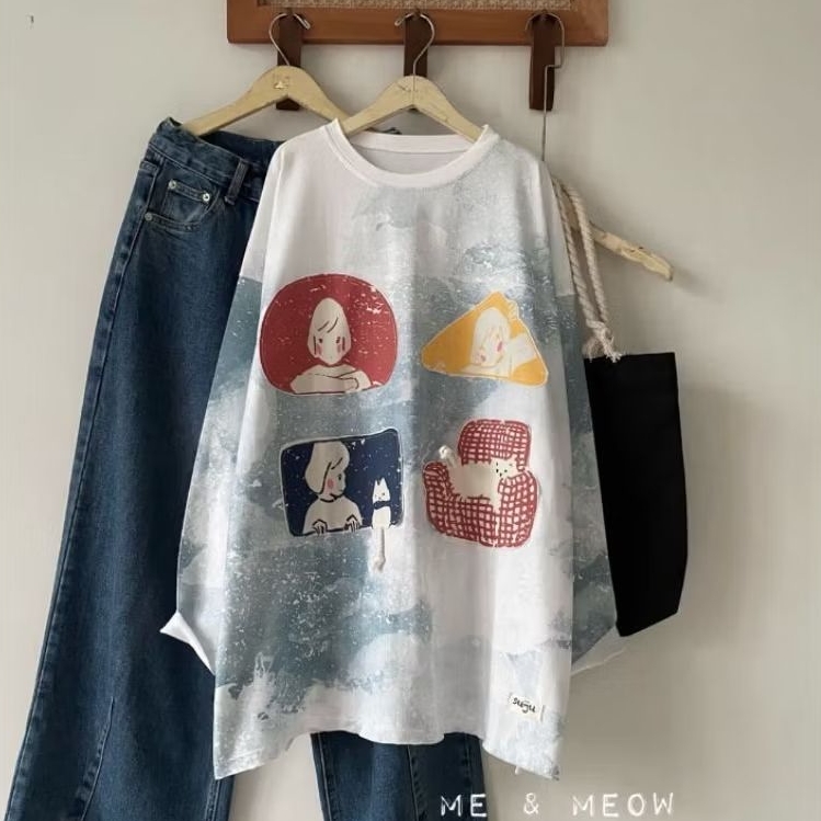 Atasan Kaos Oversize Suju Cotton tee LD 140 PB 75 Atasan Wanita Lengan Panjang