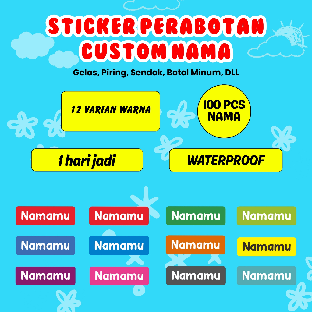 

100Pcs Sticker Custom Nama Piring Sendok Botol Barang Perabotan Stiker Ajaib Waterproof Timbul Label