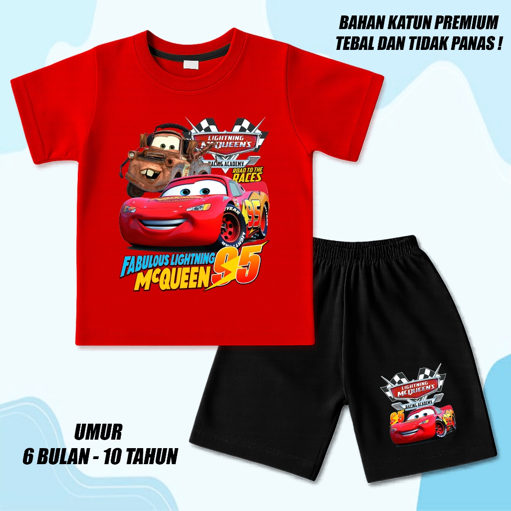 Baju setelan stelan set kaos anak cowok cewek laki laki perempuan unisex hitam mc queen cars 1