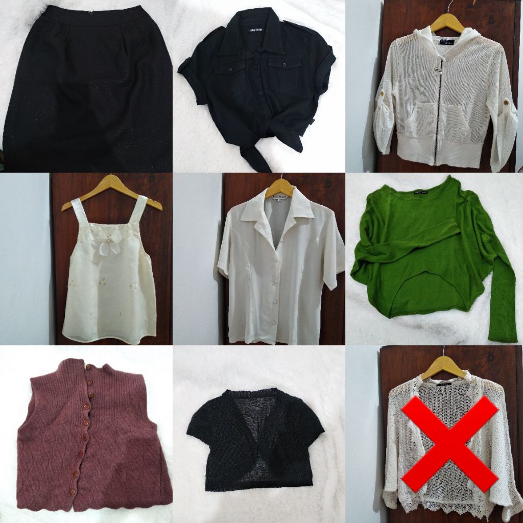 preloved baju wanita murah dan bagus / rok pendek / kemeja crop hitam / outer/ rompi / croptop /knit
