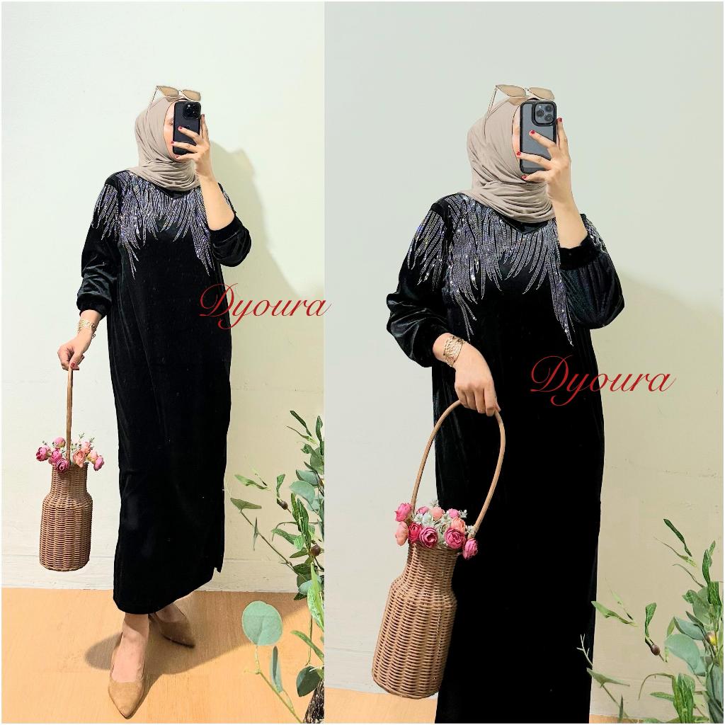 Dress Payet Dress bludru premium Ori BKK / gamis bludru payet printing