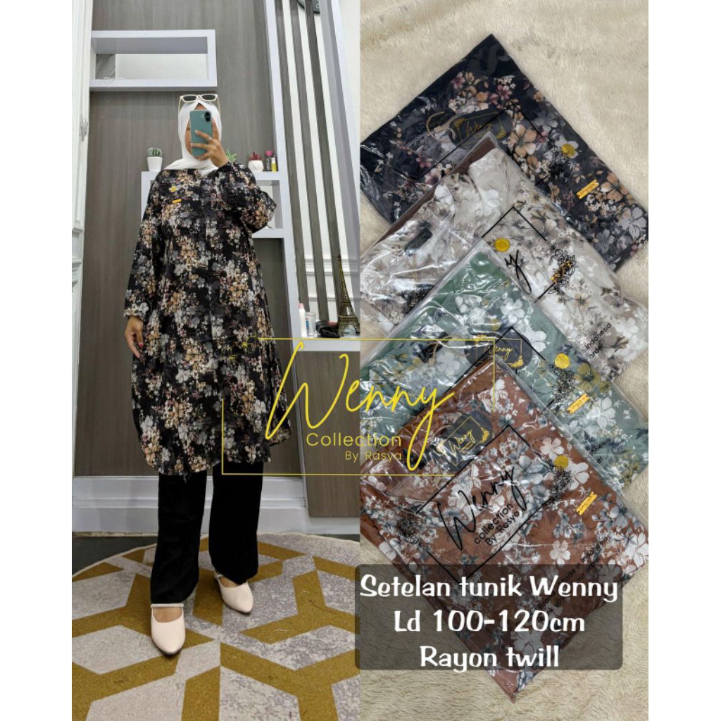 setelan celana long tunik rayon motif bunga cantik