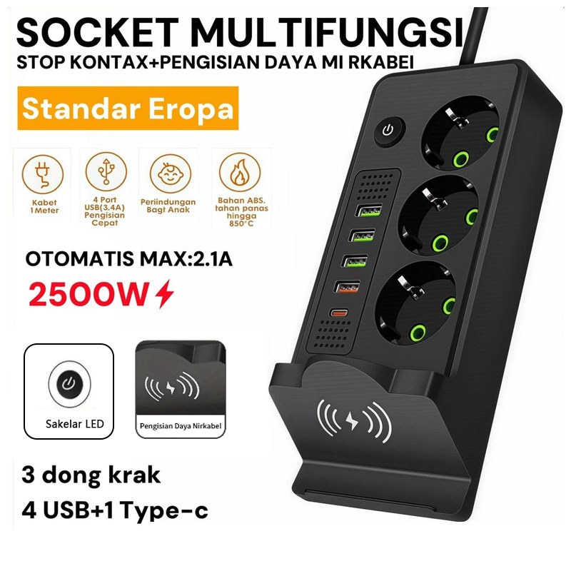 

7lekkar - power strip stop kontak 2500w + usb 5m 4 usb + type-c + wireless charging