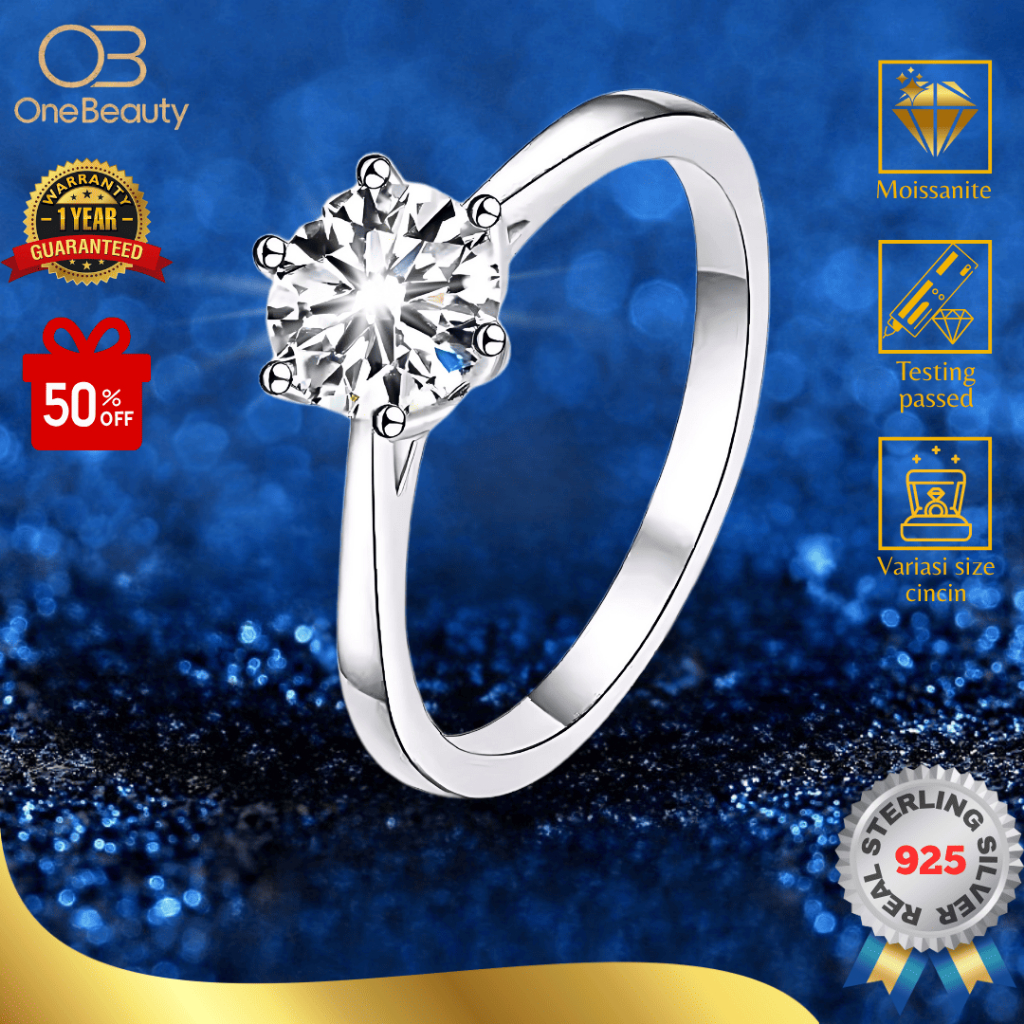One Beauty - [100% Ori / 925 Silver] Cincin Moissanite Asli Berlian 6 Cakar 1,0 CT - Perhiasan Akses