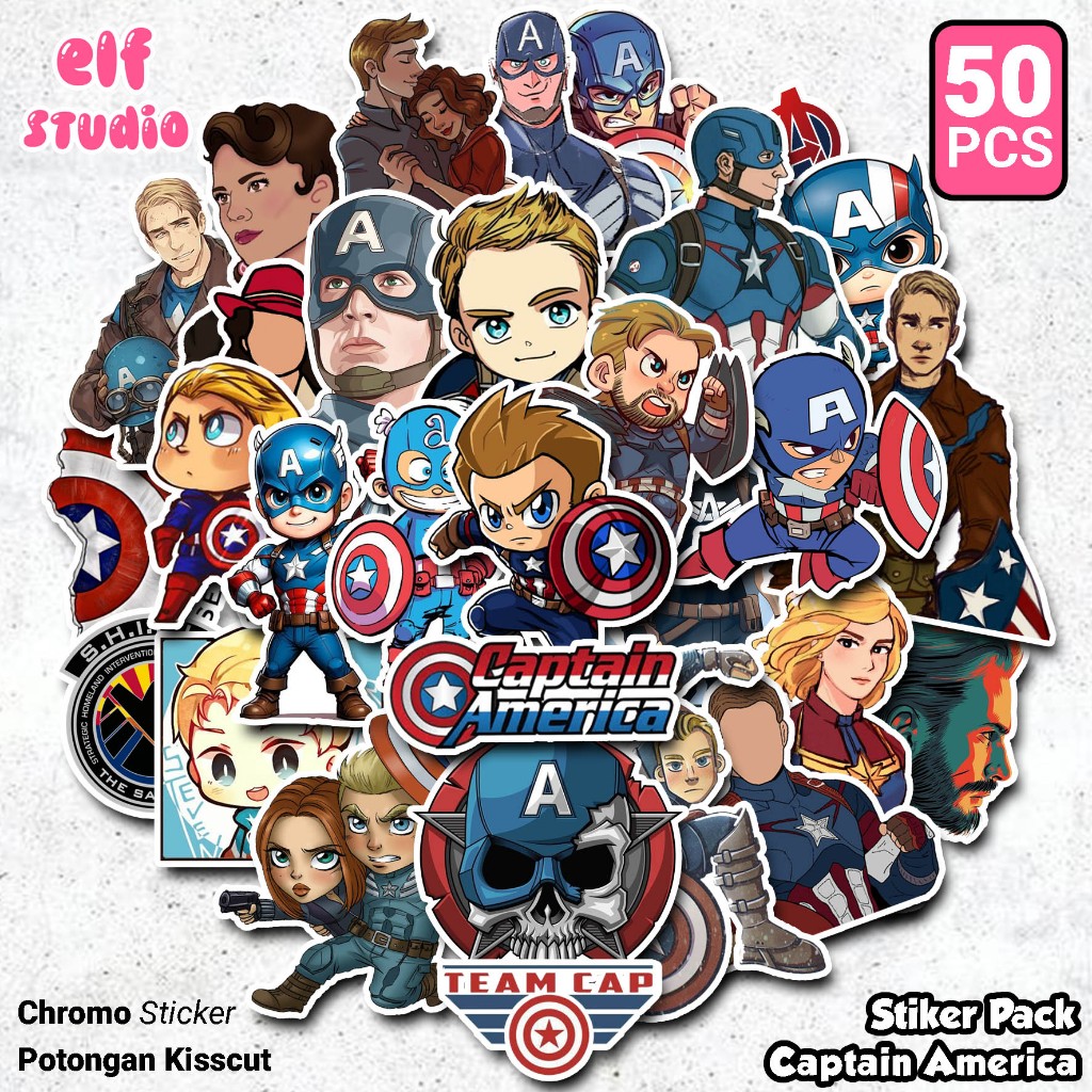 

Sticker Captain America 50 Pcs Stiker Marvel Steve Rogers Super Hero Pack Aesthetic Untuk Laptop