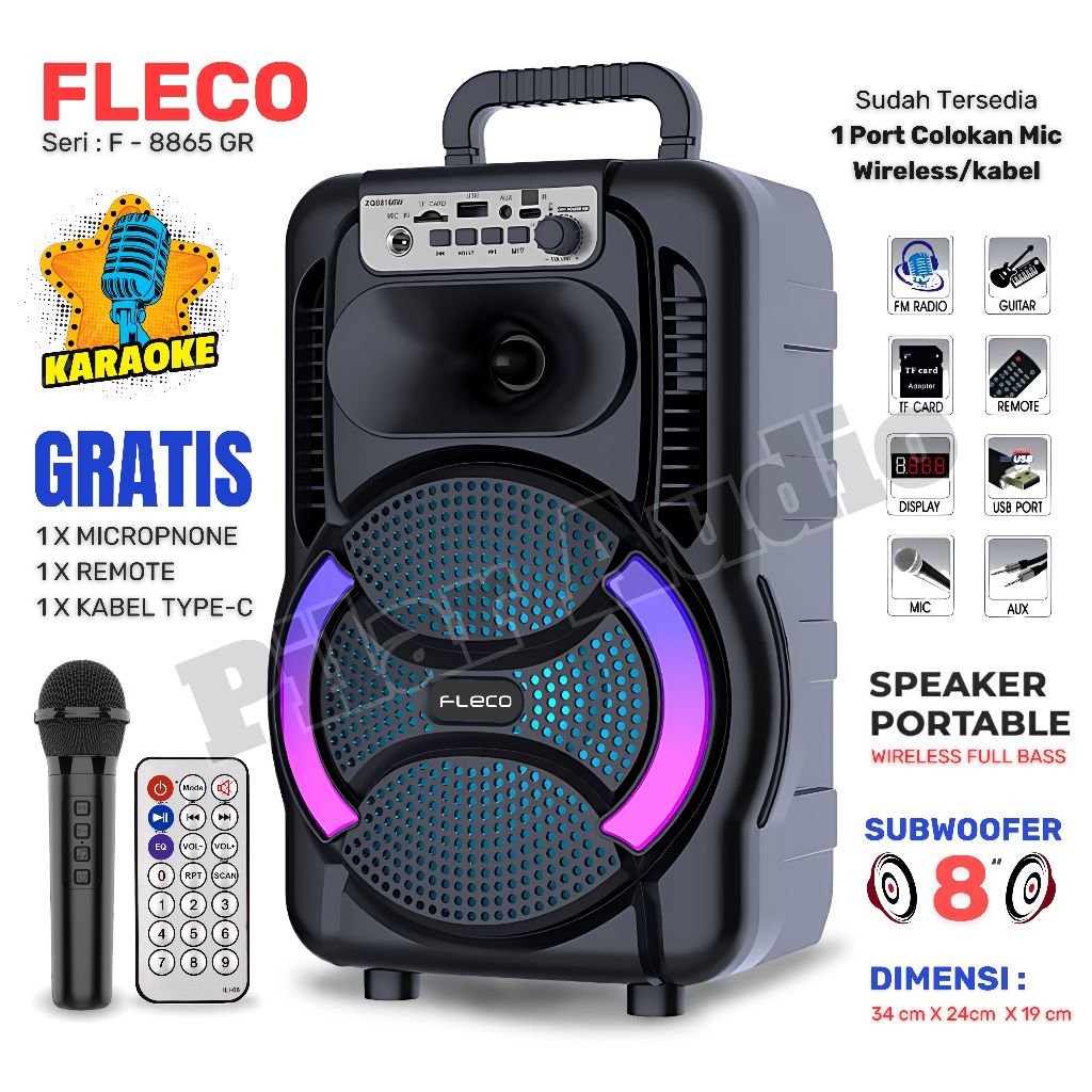 Speaker Bluetooth FLECO F-8865 gr 8 Inch Free 2 Mic Wireless Karaoke + Remote - Speaker Karaoke Full