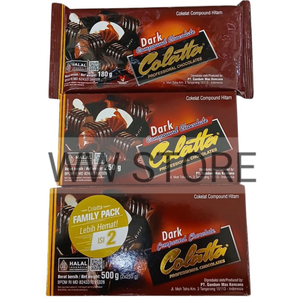

Coklat cokelat paduan hitam halal MUI Colatta PROFESSIONAL CHOCOLATES Dark Compound Chocolate 180g 250g FAMILY PACK 500g ( 2x250g )